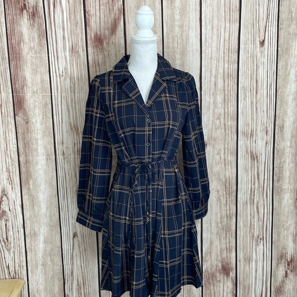 ELIG Dresses & Skirts - Monroll Blue & Tan Plaid Dress with Tie Large